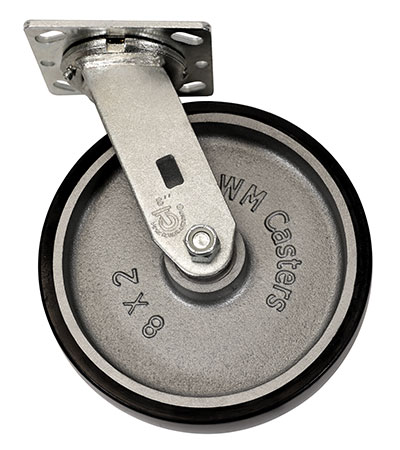 Side view of swivel caster with black and silver wheel